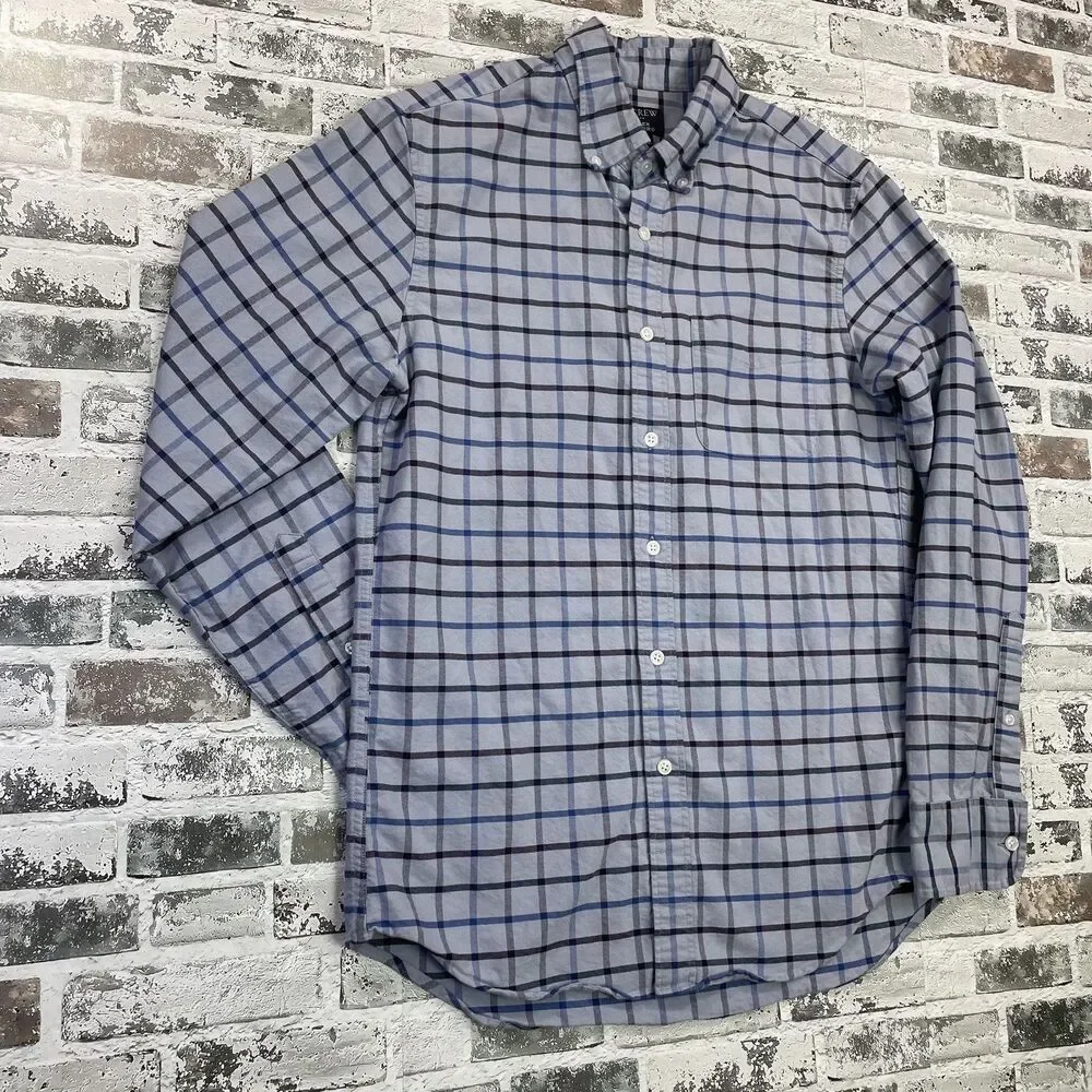 J.CREW Mens Flex Oxford Shirt Long Sleeve Button Down Gray Blue Plaid